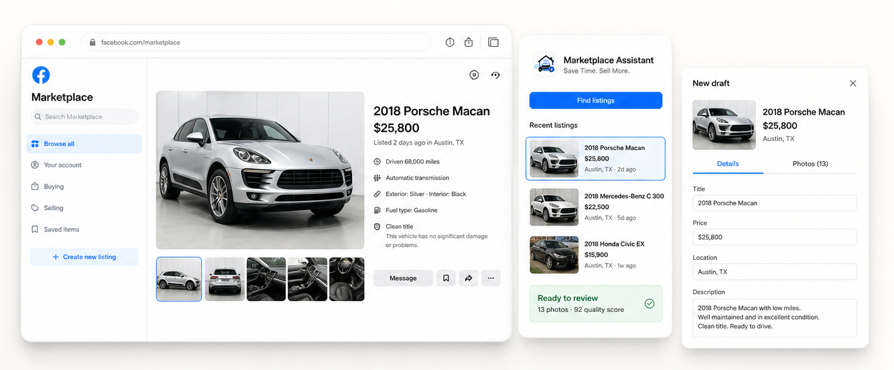Marketplace Assistant copying vehicle details and photos into a new Marketplace draft ready for review